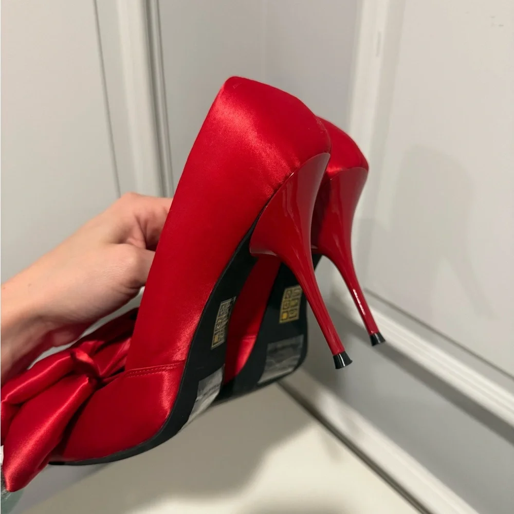 Jeffrey Campbell Red Satin Heels with Bow Detail - Picture 6 of 9